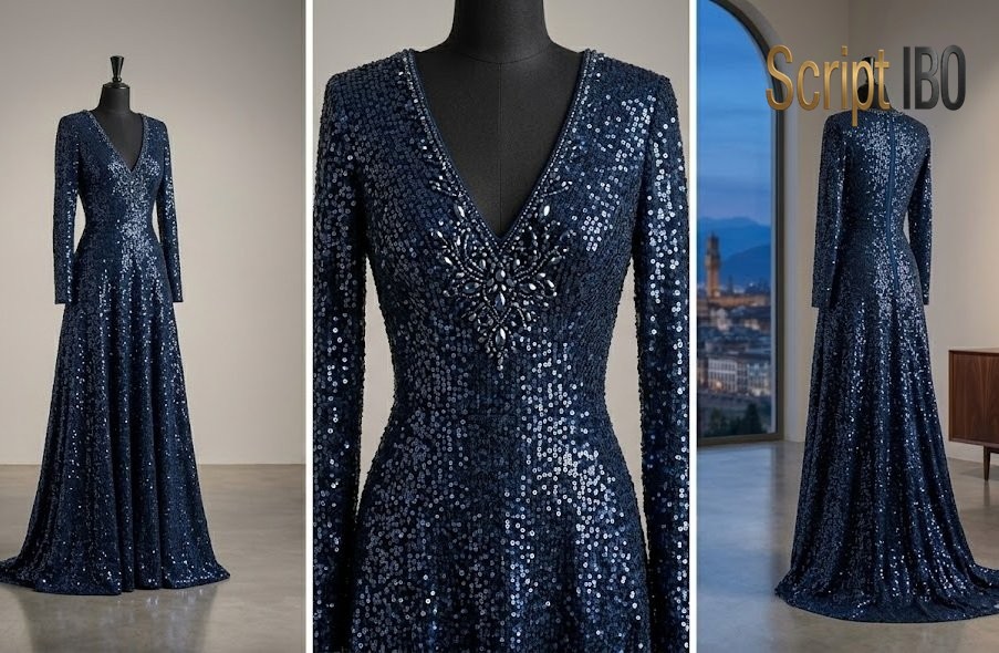 Traumhaftes Abendkleid: Bodenlanges Paillettenkleid in Mitternachtsblau